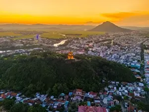 Cham Prints: Aerial view of Nhan temple, tower is an artistic architectural work of Champa people in Tuy Hoa city