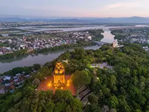 Aerial view of Nhan temple, tower is an artistic architectural work of Champa people in Tuy Hoa city