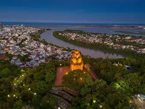Cham Prints: Aerial view of Nhan temple, tower is an artistic architectural work of Champa people in Tuy Hoa city