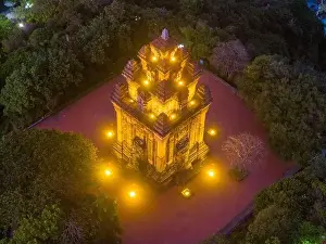 Aerial view of Nhan temple, tower is an artistic architectural work of Champa people in Tuy Hoa city