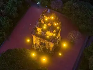Aerial view of Nhan temple, tower is an artistic architectural work of Champa people in Tuy Hoa city