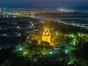 Aerial view of Nhan temple, tower is an artistic architectural work of Champa people in Tuy Hoa city