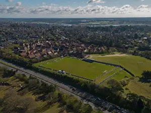 Rural England Prints: An aerial view of Nottcutts Park, home of Woodbridge Town Football Club in Suffolk, UK