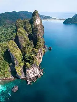 Blue Day Prints: Aerial view of Nui beach in koh Phi Phi Don island, in Krabi, Thailand