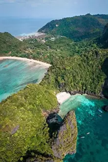 Blue Day Prints: Aerial view of Nui beach in koh Phi Phi Don island, in Krabi, Thailand