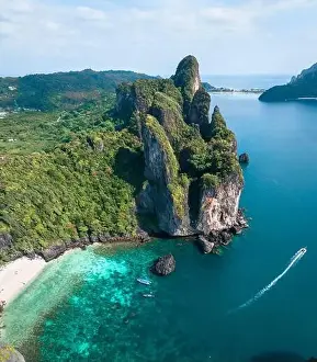 Blue Day Prints: Aerial view of Nui beach in koh Phi Phi Don island, in Krabi, Thailand