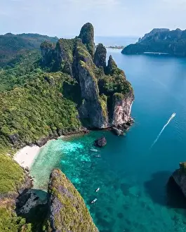 Blue Day Prints: Aerial view of Nui beach in koh Phi Phi Don island, in Krabi, Thailand