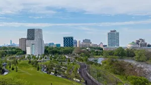Barack Obama Prints: Aerial view of the Obama Presidential Center building and grounds with the Museum of Science and Industry