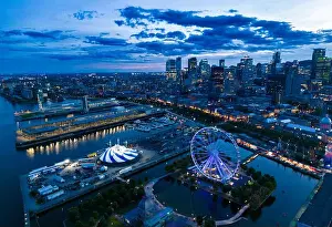 Quai Prints: Aerial view of old Montreal at blue hour