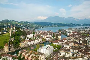Aerial view of the old town, Lucerne city with lake Lucerne and Rigi mountain in background, Switzerland