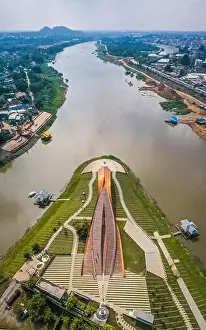 Phetchabun Prints: Aerial view of Pa San bridge (or Pasan bridge) on the Chao Phraya River in Nakhon Sawan
