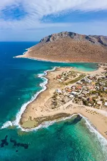 Clear Weather Prints: Aerial view of Pachia Ammos Beach and Stavros Beach with Zorba's Mountain in background
