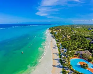 Villas Prints: Aerial view of palms on the sandy beach of Indian Ocean at sunny day