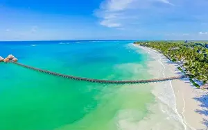 Villas Prints: Aerial view of palms on the sandy beach of Indian Ocean at sunny day
