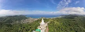 Big Buddha Prints: Aerial view Panorama Big buddha statue on top of the mountain in phuket