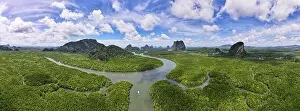 Mangrove Forest Prints: Aerial view panorama Drone shot of Nature landscape mountain view located in Phang-nga Thailand