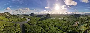 Mangrove Forest Prints: Aerial view panorama Drone shot of Nature landscape mountain view located in Phang-nga Thailand