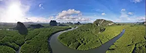 Mangrove Forest Prints: Aerial view panorama Drone shot of Nature landscape mountain view located in Phang-nga Thailand