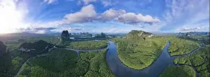 Mangrove Forest Prints: Aerial view panorama Drone shot of Nature landscape mountain view located in Phang-nga Thailand