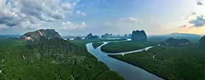 Mangrove Forest Prints: Aerial view panorama Drone shot of Nature landscape mountain view located in Phang-nga Thailand