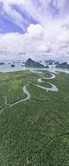 Samednangshe Prints: Aerial view panorama Drone shot of Sametnangshe landscape view located in Phang-nga Thailand