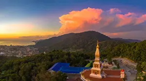 Morning Mountain Prints: aerial view panorama scenery sunset above pagoda in Doi Thepnimit temple Patong