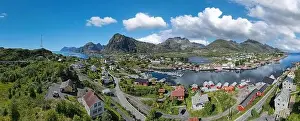 Aerial view, panorama with village view amidst lush landscape at Vestfjord, Sorvagen, Lofoten, Norway, Europe