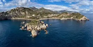 Catania Prints: Aerial View. Panoramic drone image of the Gulf of Taormina and Isola Bella - Travel destination