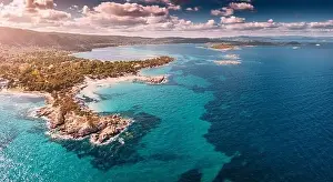 Sithonia Prints: Aerial view of the paradise seashore with various shades of turquoise water