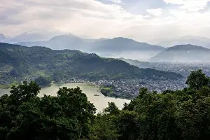 Annapurna Prints: An aerial view of Phewa lake and the Annapurna Himalaya Mountain Range in Pokhara city