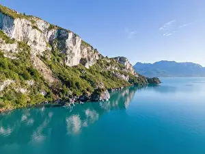 Rocky Shoreline Prints: Aerial view of the picturesque Marble Caves near Puerto Rio Tranquilo - Lago General Carrera