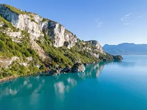 Rocky Shoreline Prints: Aerial view of the picturesque Marble Caves near Puerto Rio Tranquilo - Lago General Carrera