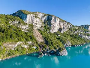 Rocky Shoreline Prints: Aerial view of the picturesque Marble Caves near Puerto Rio Tranquilo - Lago General Carrera