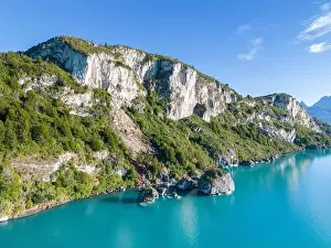 Rocky Shoreline Prints: Aerial view of the picturesque Marble Caves near Puerto Rio Tranquilo - Lago General Carrera