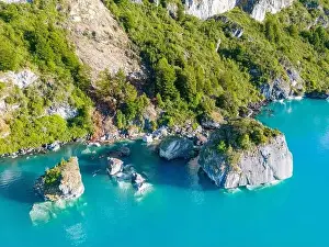 Aerial view of the picturesque Marble Caves near Puerto Rio Tranquilo - Lago General Carrera, Chile