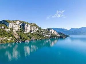 Rocky Shoreline Prints: Aerial view of the picturesque Marble Caves near Puerto Rio Tranquilo - Lago General Carrera