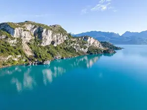 Rocky Shoreline Prints: Aerial view of the picturesque Marble Caves near Puerto Rio Tranquilo - Lago General Carrera