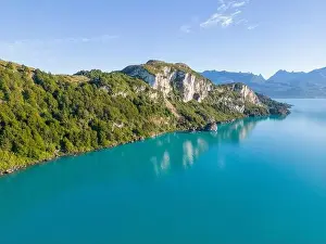 Rocky Shoreline Prints: Aerial view of the picturesque Marble Caves near Puerto Rio Tranquilo - Lago General Carrera