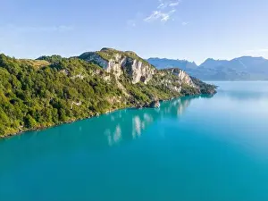 Rocky Shoreline Prints: Aerial view of the picturesque Marble Caves near Puerto Rio Tranquilo - Lago General Carrera