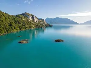 Rocky Shoreline Prints: Aerial view of the picturesque Marble Caves near Puerto Rio Tranquilo - Lago General Carrera