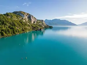 Rocky Shoreline Prints: Aerial view of the picturesque Marble Caves near Puerto Rio Tranquilo - Lago General Carrera