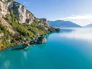Rocky Shoreline Prints: Aerial view of the picturesque Marble Caves near Puerto Rio Tranquilo - Lago General Carrera