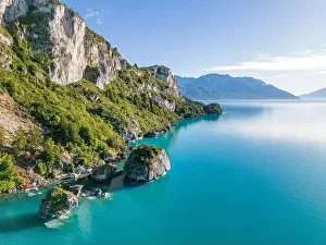 Rocky Shoreline Prints: Aerial view of the picturesque Marble Caves near Puerto Rio Tranquilo - Lago General Carrera