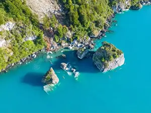 Crystal Clear Prints: Aerial view of the picturesque Marble Caves near Puerto Rio Tranquilo - Lago General Carrera