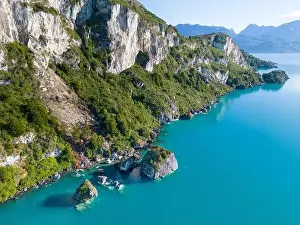 Kayaking Prints: Aerial view of the picturesque Marble Caves near Puerto Rio Tranquilo - Lago General Carrera