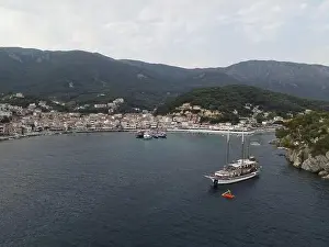 Pirates Prints: Aerial View Pirate Ships Near Island Of Panagia In Famous Tourist Destination Parga Town The Greek Caribbean Of Epirus