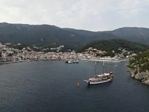 Pirates Prints: Aerial View Pirate Ships Near Island Of Panagia In Famous Tourist Destination Parga Town The Greek Caribbean Of Epirus