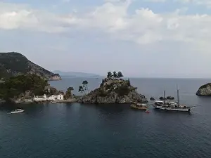 Pirates Prints: Aerial View Pirate Ships Near Island Of Panagia In Famous Tourist Destination Parga Town The Greek Caribbean Of Epirus