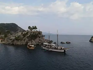 Pirates Prints: Aerial View Pirate Ships Near Island Of Panagia In Famous Tourist Destination Parga Town The Greek Caribbean Of Epirus