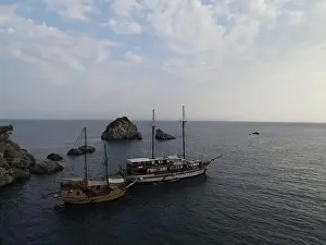 Pirates Prints: Aerial View Pirate Ships Near Island Of Panagia In Famous Tourist Destination Parga Town The Greek Caribbean Of Epirus